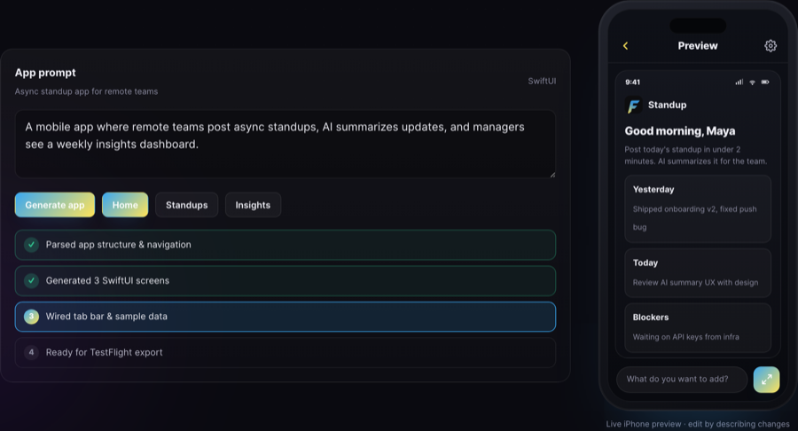 Flare iOS app builder showing AI prompt console and live preview of a generated standup app