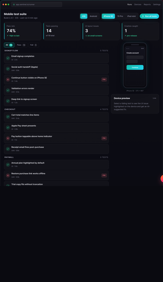 Sentinel AI QA test runner showing pass/fail mobile tests, a device preview, and suggested fixes